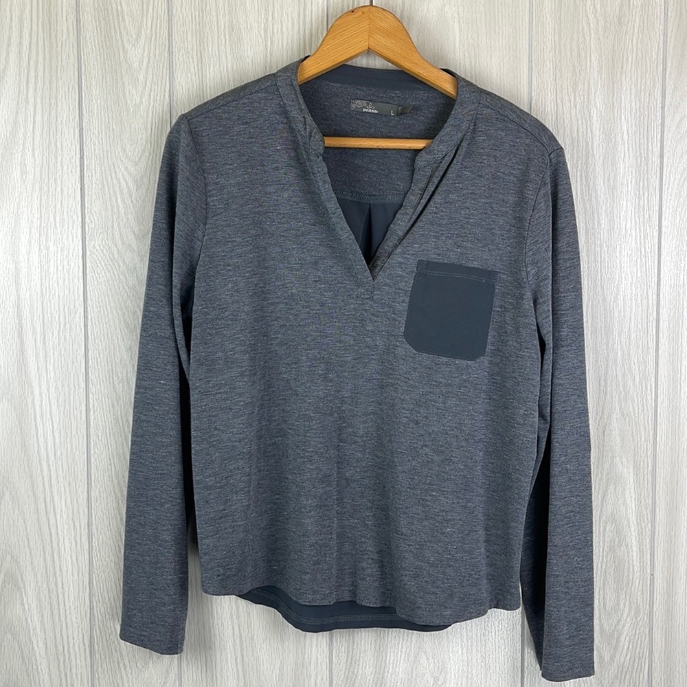 Prana Womens Gray Pocket Long Sleeve Shirt Size Large Henley Closet Staple